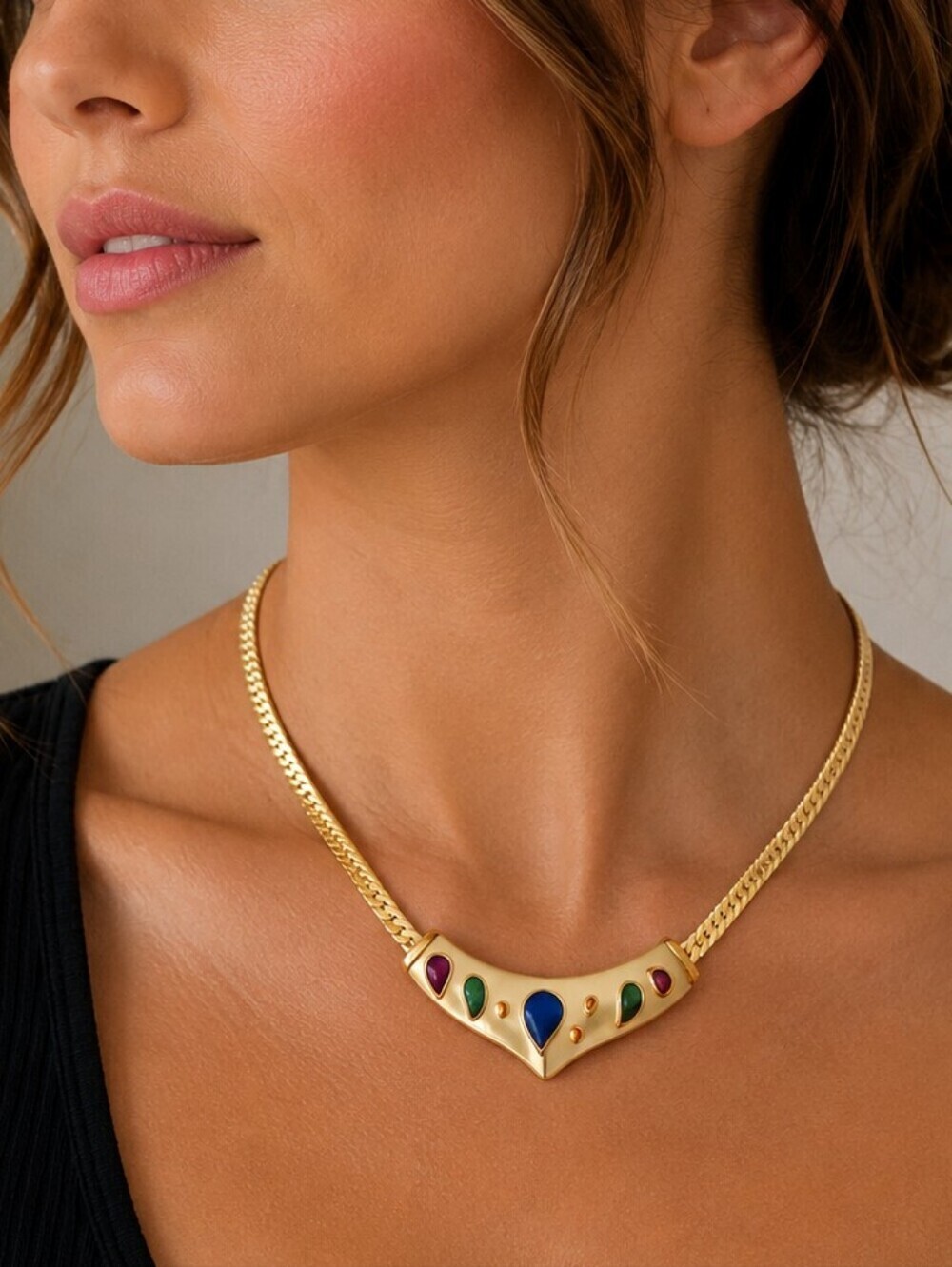 Vintage 1980s Herringbone Chain Egyptian Atomic Collar Necklace